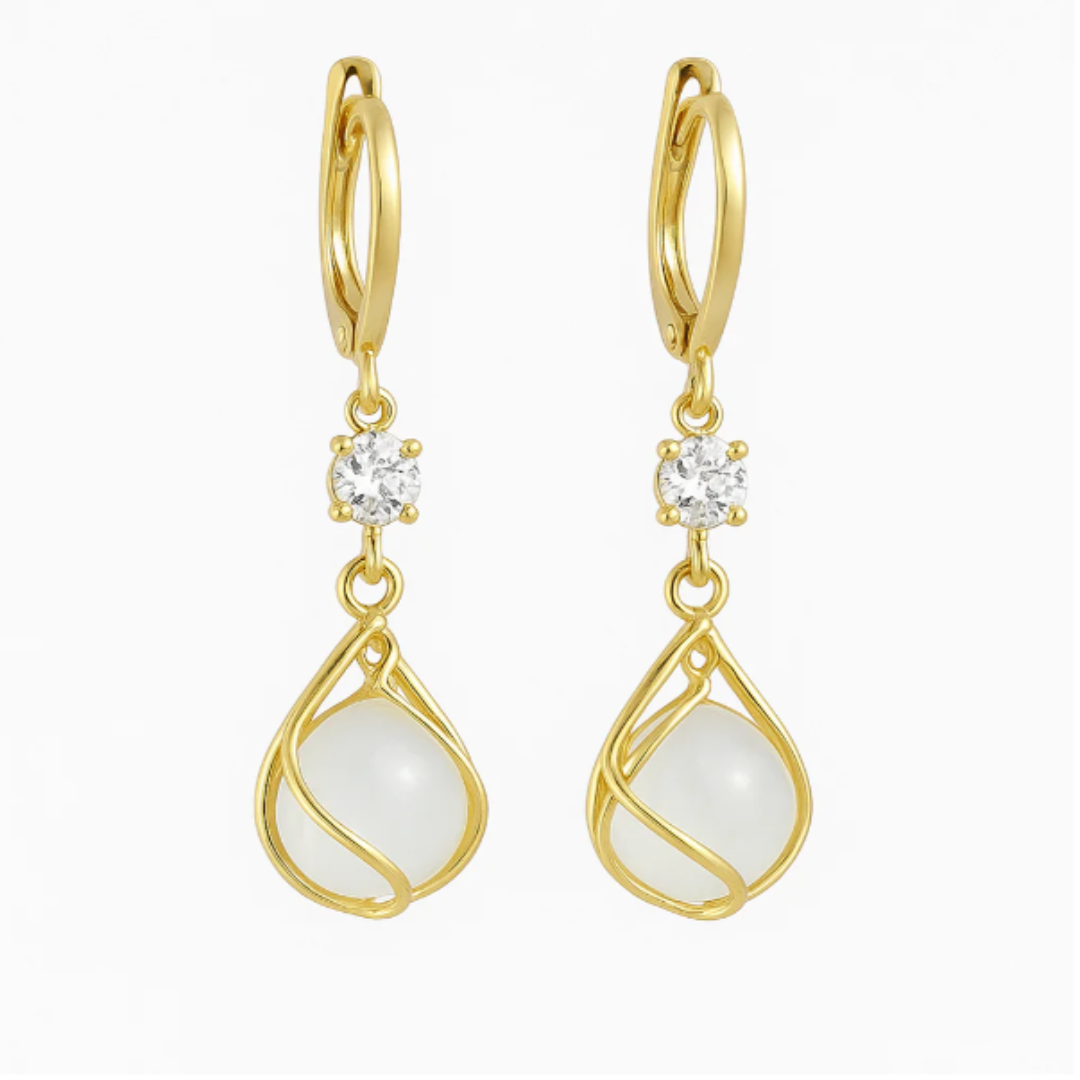 Retro Gold Drop Earrings Featuring White Opal