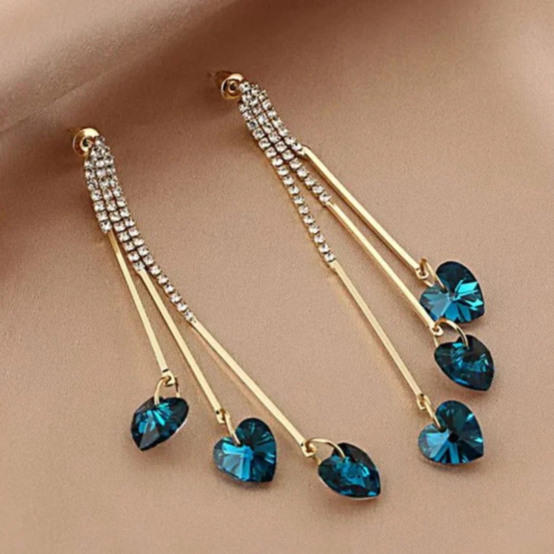 Blue Heart Earrings with Crystals and Drops of Light