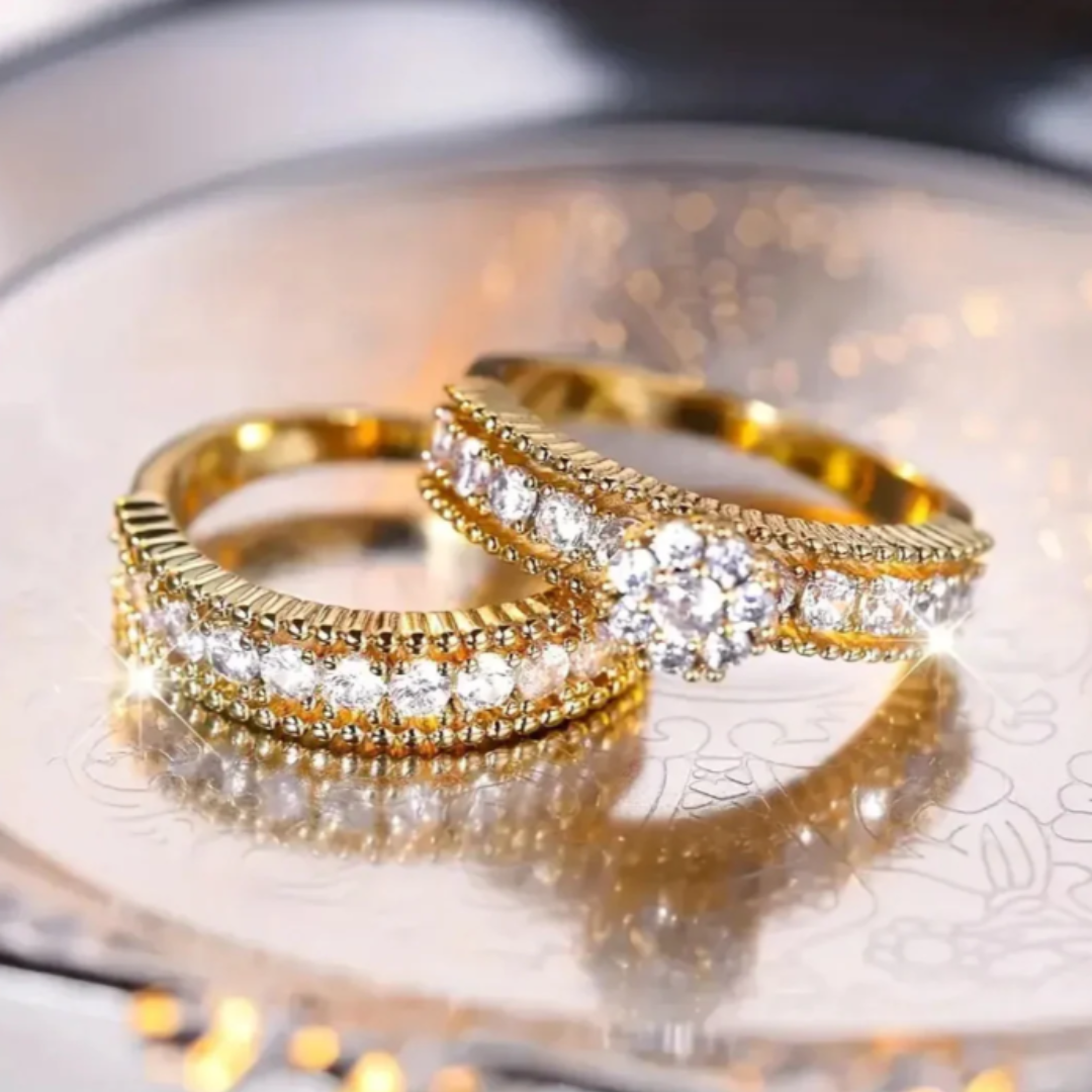 Set of Gold Rings with Shiny Zirconia
