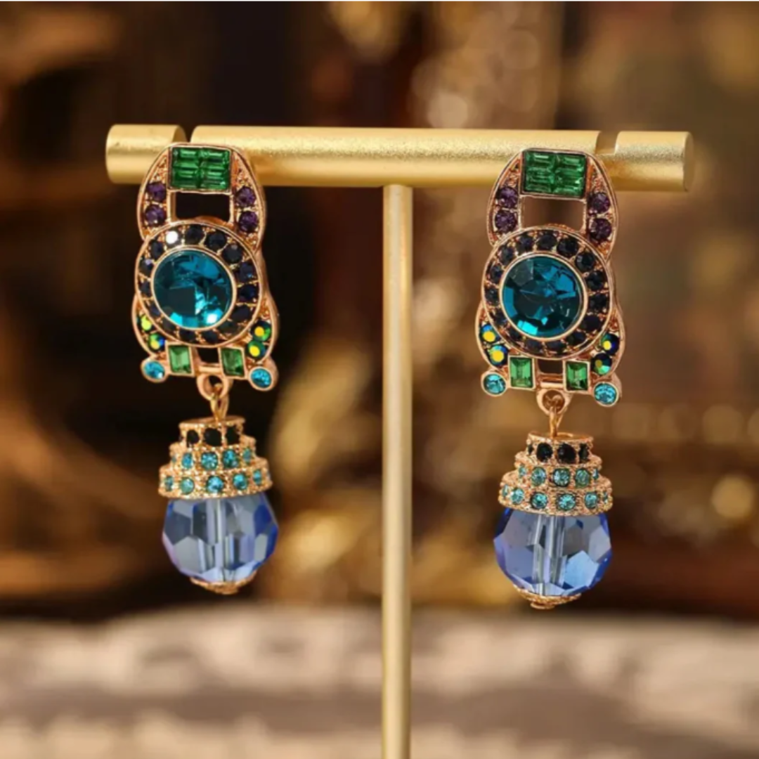 Colorful Earrings with Blue Crystal Dangle