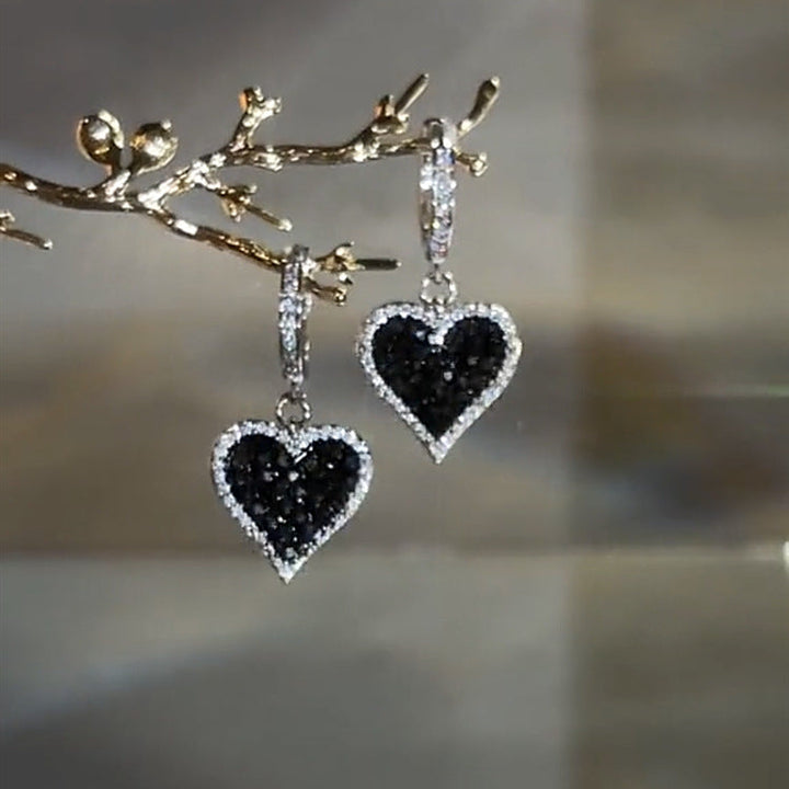 Sparkling Diamond-Studded Black Heart Earrings