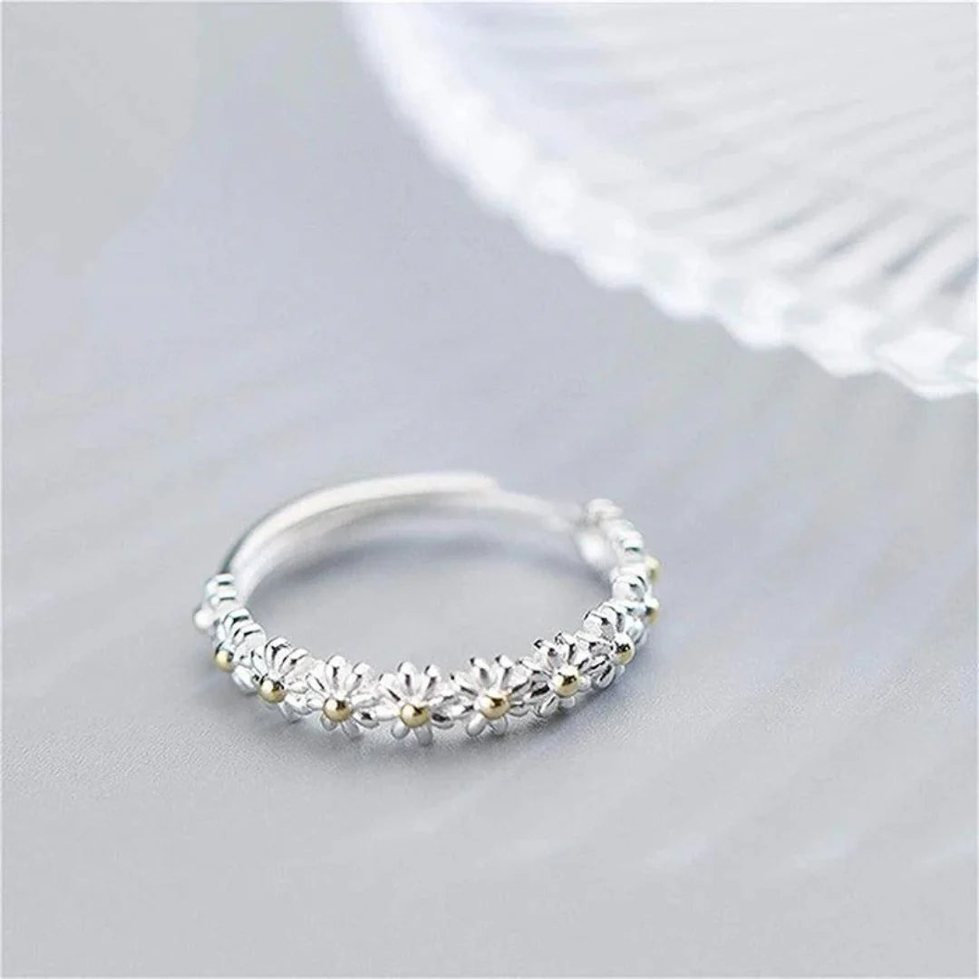 Adjustable Silver Ring with Hand Enameled Daisy