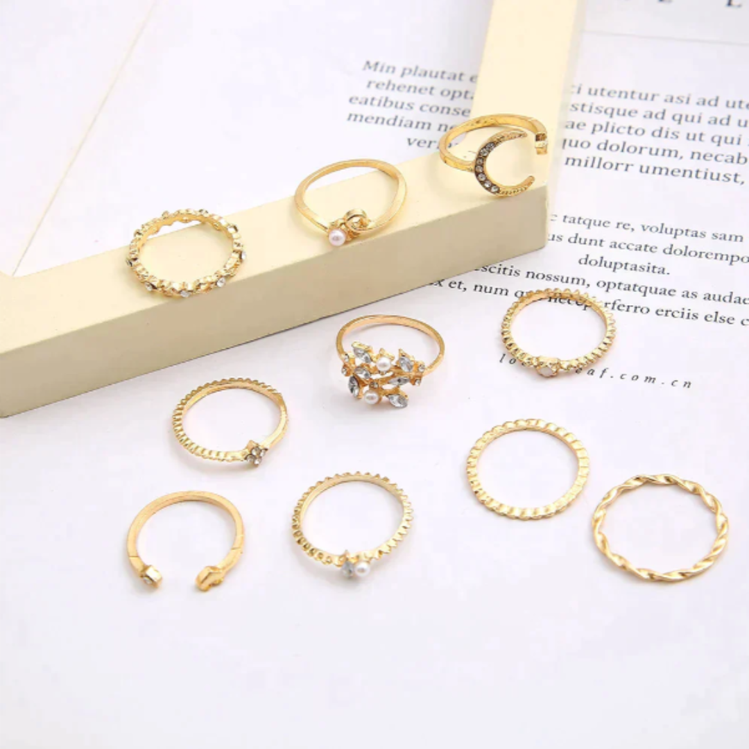Set of 10 Bohemian Silver and Gold Rings