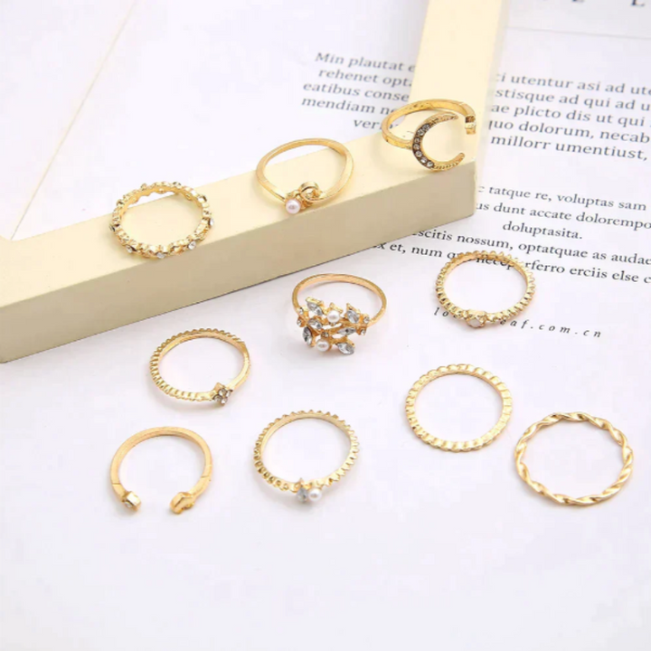 Set of 10 Bohemian Silver and Gold Rings