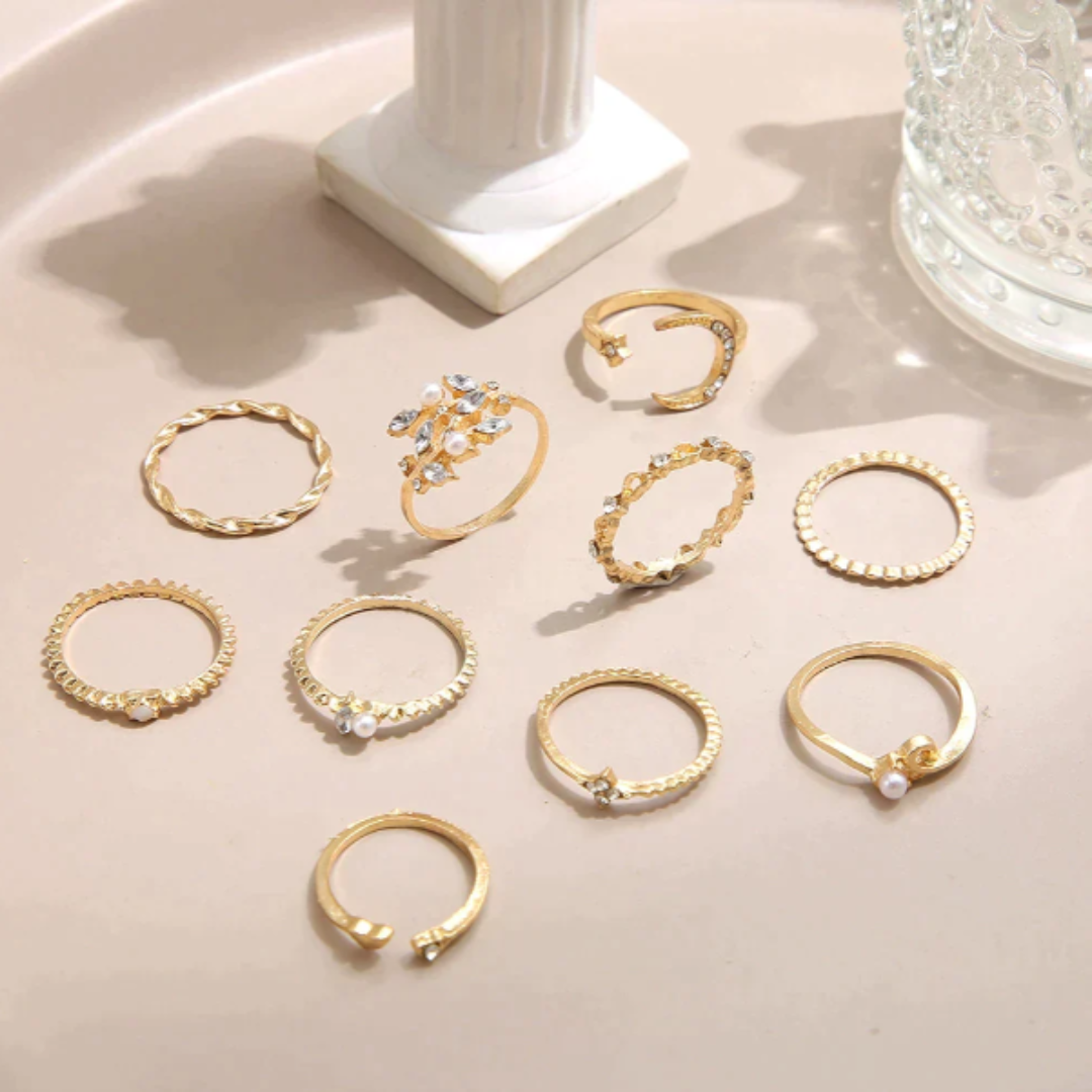 Set of 10 Bohemian Silver and Gold Rings