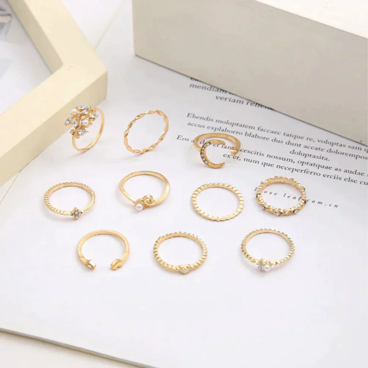 Set of 10 Bohemian Silver and Gold Rings