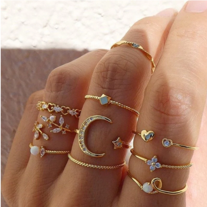 Set of 10 Bohemian Silver and Gold Rings