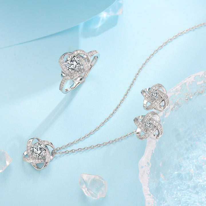 White Gold Frosted Flower Klee Knot Jewelry Set