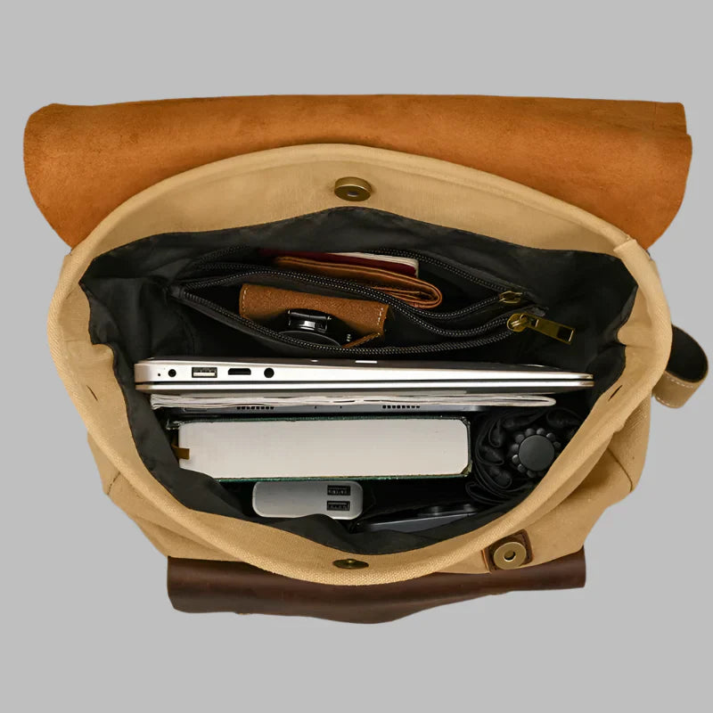 Authentic Leather and Canvas Rucksack | Retro College Laptop Backpack