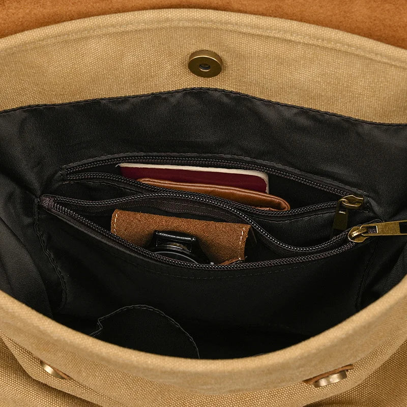 Authentic Leather and Canvas Rucksack | Retro College Laptop Backpack