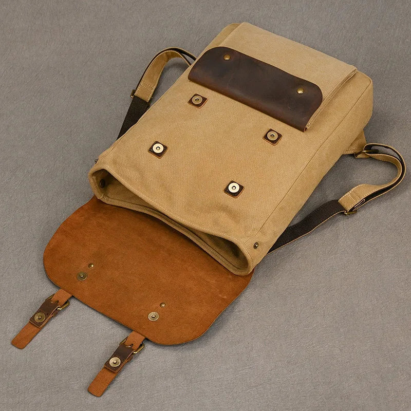 Authentic Leather and Canvas Rucksack | Retro College Laptop Backpack