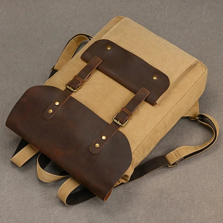 Authentic Leather and Canvas Rucksack | Retro College Laptop Backpack
