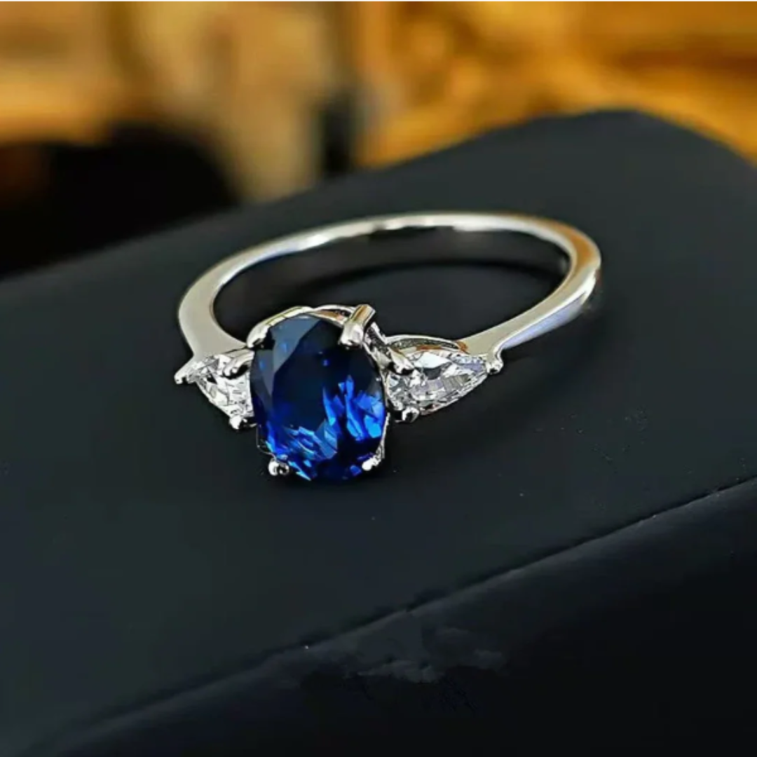 Marin Thorneau Gold Ring with Blue Stone and Crystal Sides