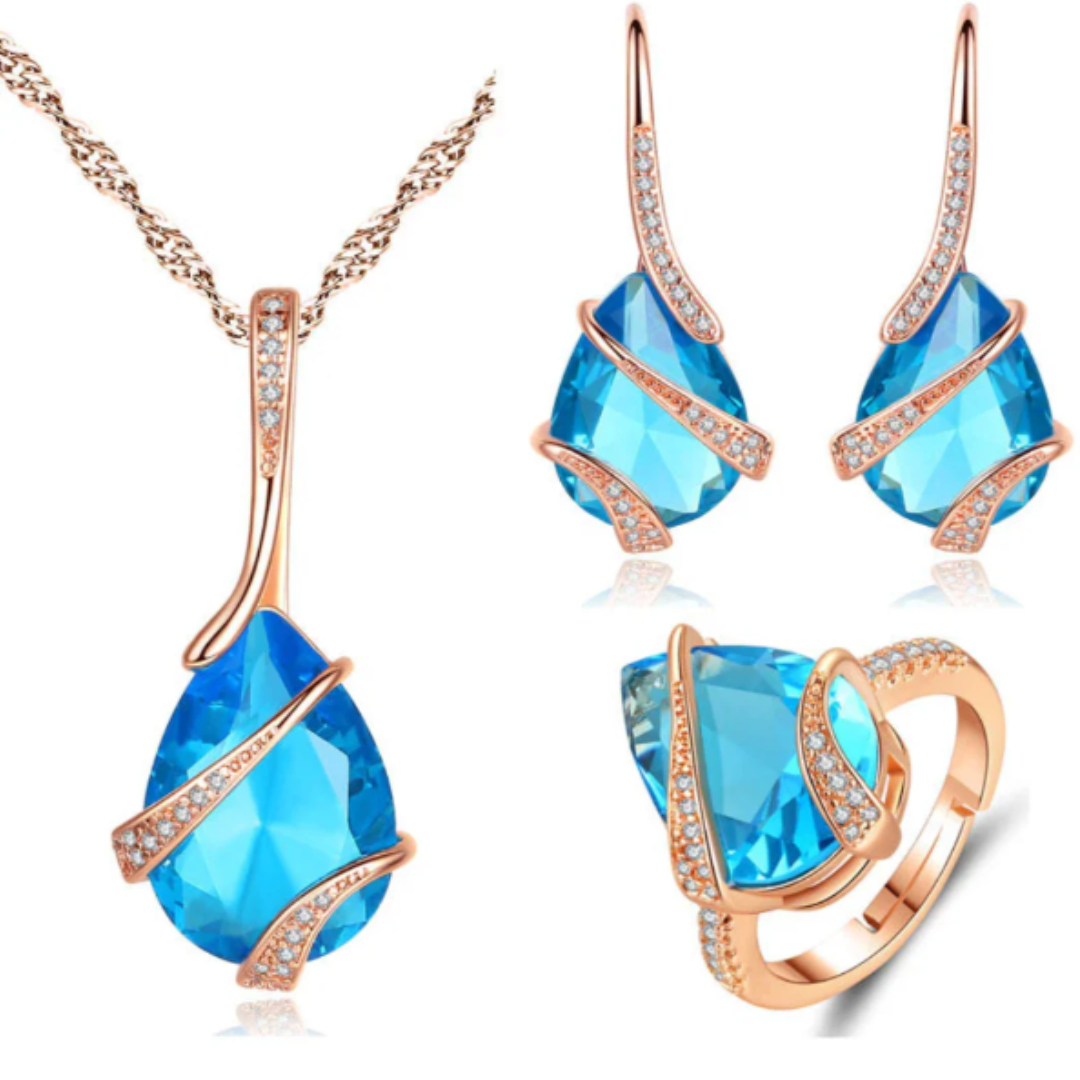 Seraphina Thorne Rosé Set with Blue Crystals (Necklace, Earrings and Ring)