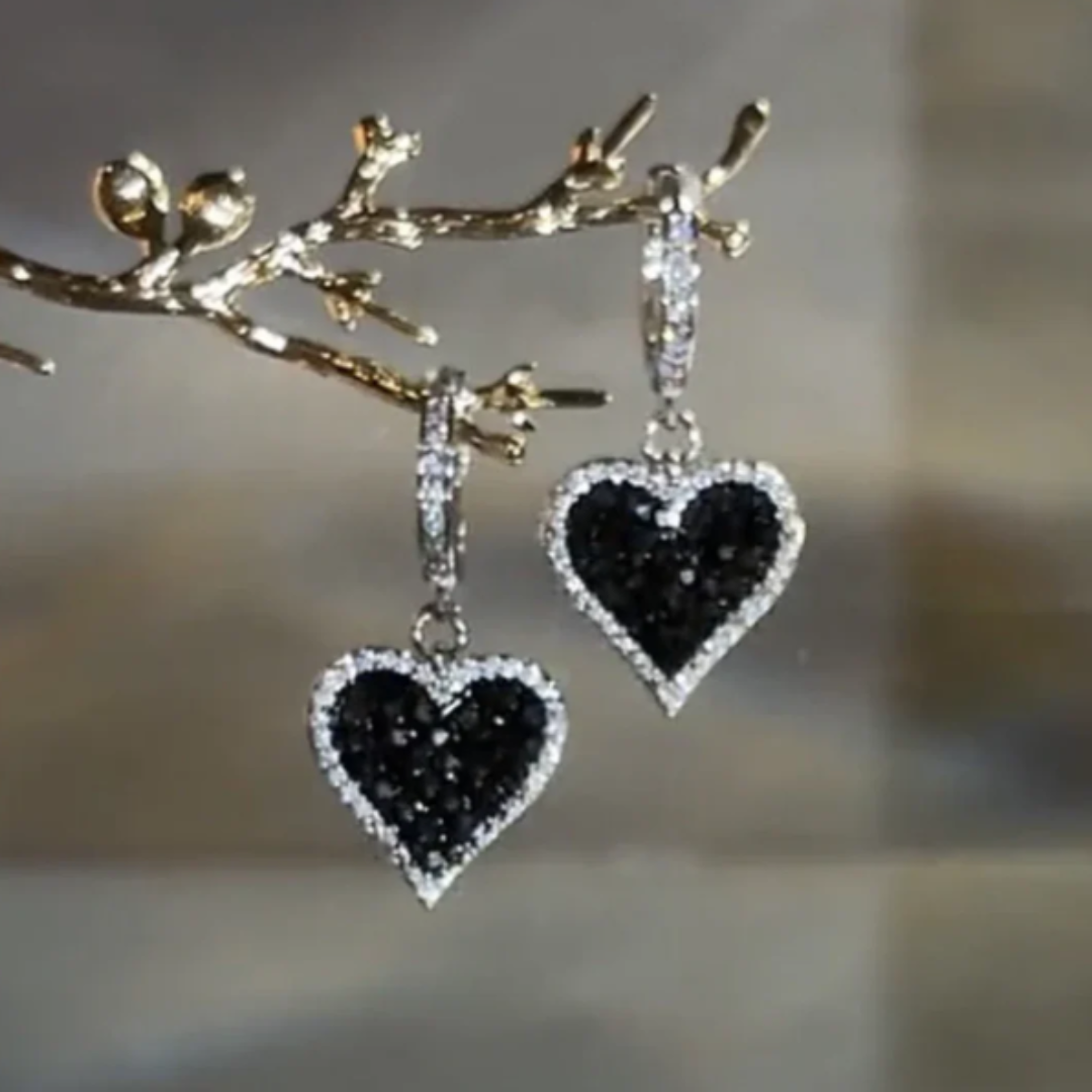 Black Heart Earrings with Diamond Sparkle